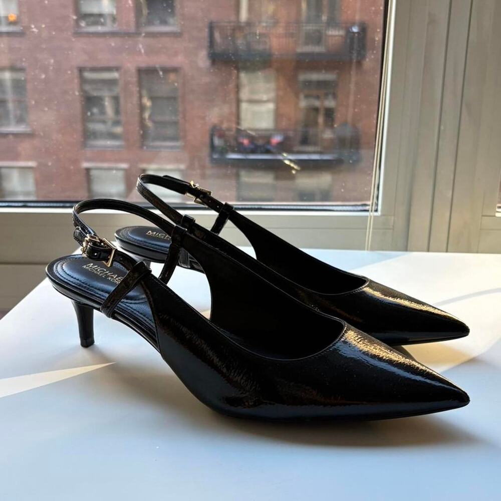 Michael Kors Black Patent Leather Kitten Heels w/ Ankle Straps and Buckle Detail